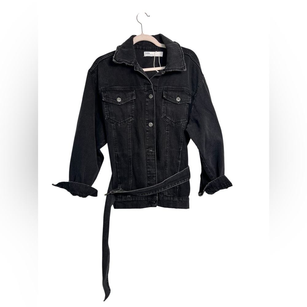 Zara Women’s Black Denim 100% Cotton Jacket Belted‎ Long Sleeves Small
